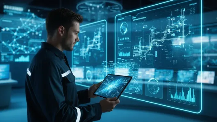 Técnico supervisando datos energéticos en una pantalla digital con gráficos y esquemas de red.