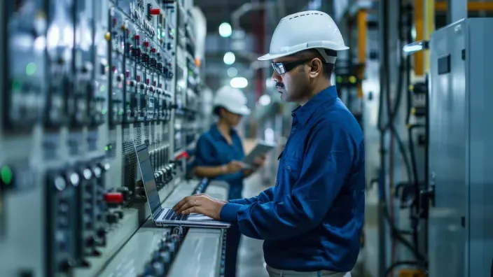 Técnicos supervisando el funcionamiento de una planta eléctrica
