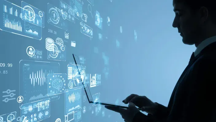 Analista de datos revisando paneles de control virtuales: concepto de Big Data, inteligencia artificial y transformación digital.