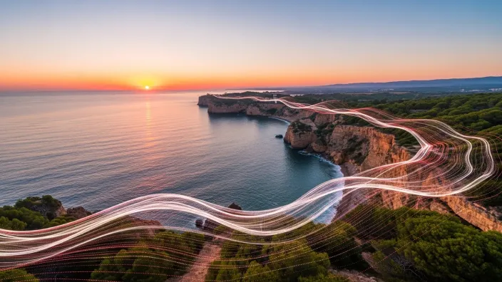 Paisaje de la costa al atardecer con estelas de luz que simbolizan la conectividad de la red de fibra y datos móviles.