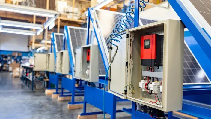 Serie de inversores conectados a paneles solares en una instalación industrial de energía renovable.