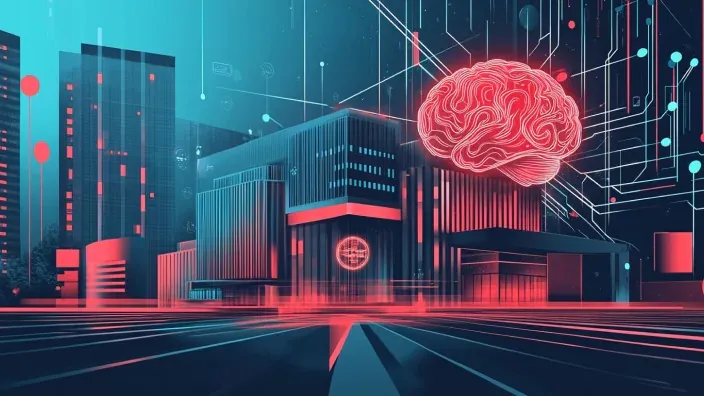 Ilustración de edificios futuristas con un cerebro rojo brillante representando la infraestructura de inteligencia artificial.