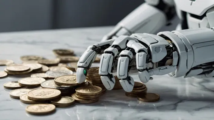 Mano robótica tocando monedas de oro como concepto de inversión en inteligencia artificial.
