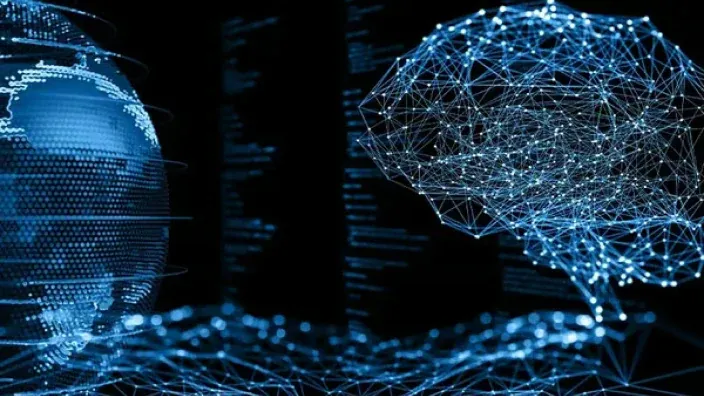 Red neuronal digital y globo terráqueo representando la inteligencia artificial y la conectividad global.