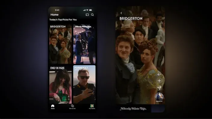 Feed de la app de Netflix estilo TikTok mostrando clips de series como Los Bridgerton.