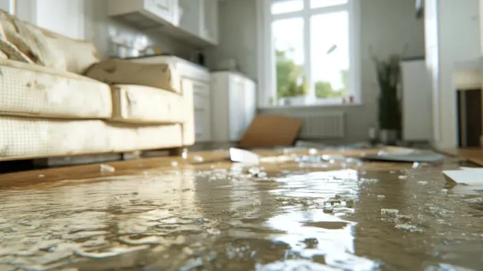 Salón inundado con agua en el suelo para representar daños en la vivienda y cobertura de seguros de hogar.