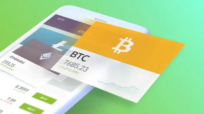 App de trading de criptomonedas en un móvil, mostrando la cotización de Bitcoin (BTC), Ethereum (ETH) y Litecoin (LTC).