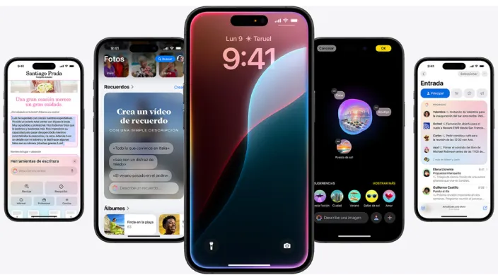 Múltiples iPhones mostrando diferentes pantallas y nuevas funcionalidades de la interfaz Apple Intelligence del sistema operativo iOS.
