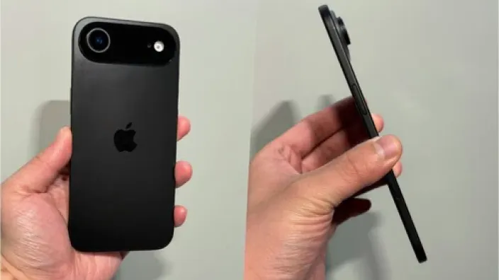 Maqueta conceptual del iPhone 17 Air en negro, mostrando su delgadez y el nuevo diseño de la cámara trasera.
