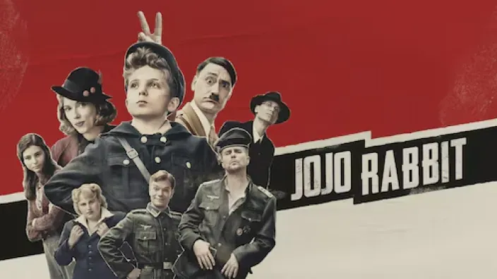 Cartel de la película Jojo Rabbit con Taika Waititi como Hitler imaginario y elenco.