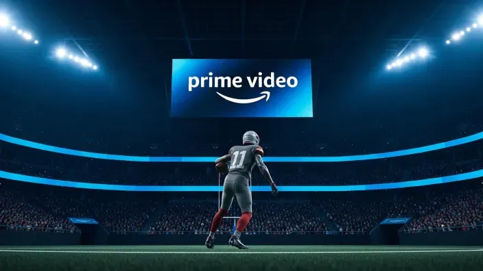 Jugador de fútbol americano en un estadio iluminado con publicidad de Prime Video en el marcador