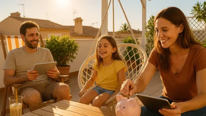 Familia sonriente en una terraza de verano. La madre y la hija meten dinero en una hucha para ahorrar para las vacaciones.