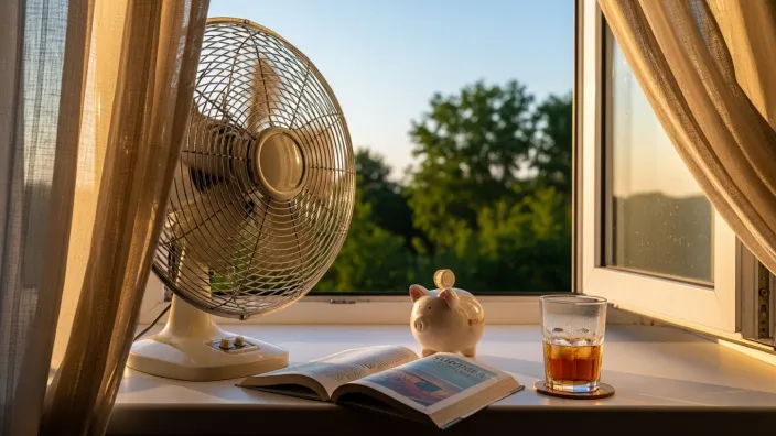 Ventilador junto a hucha, libro y bebida en ventana abierta.