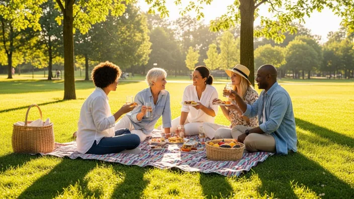 Grupo de amigos disfrutando de un picnic en el parque, un plan de ocio económico y divertido para el verano.