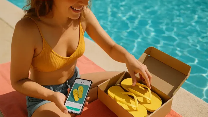 Mujer en la piscina con unas chanclas nuevas compradas online, aprovechando las rebajas y ofertas de verano.