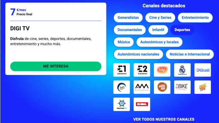 Listado de canales de deportes incluidos en el paquete DIGI TV, como Eurosport, TDP, Real Madrid TV y GOL, entre otros.