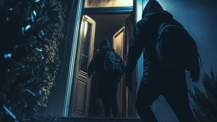 Dos ladrones con capuchas y mochilas entrando de noche en una vivienda para representar el riesgo de robo y ocupación.