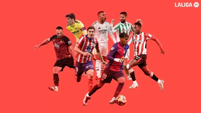 Imagen promocional de LALIGA EA SPORTS con varios futbolistas de equipos españoles destacados sobre fondo rojo.