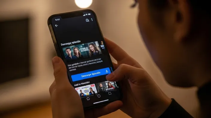 Mujer descargando un episodio de su serie favorita en una app de streaming desde su teléfono móvil en un interior.