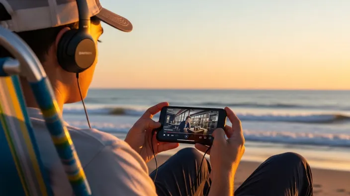 Hombre con auriculares viendo una película en su smartphone mientras está sentado en una silla de playa frente al mar al atardecer.