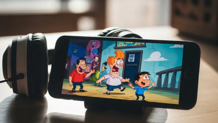 Smartphone apoyado junto a unos auriculares, reproduciendo una serie de dibujos animados para niños en una mesa de madera.