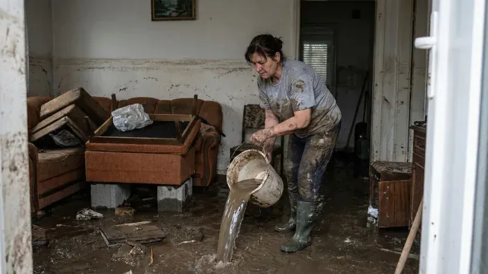 Mujer limpiando lodo en casa inundada por daños materiales y cobertura del seguro de hogar.
