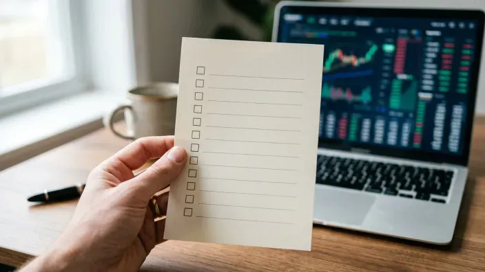 Mano sosteniendo una lista de verificación en blanco frente a una pantalla con gráficos bursátiles