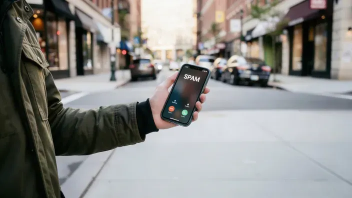 Persona sosteniendo un móvil en la calle que recibe una llamada de spam para representar el fraude telefónico.
