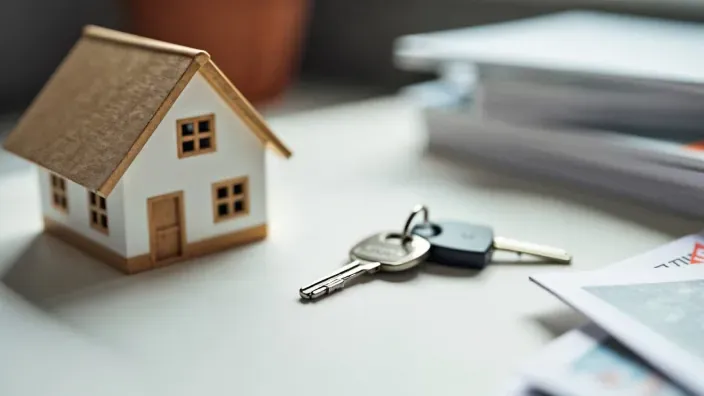 Llaves de una vivienda junto a una maqueta de casa sobre una mesa con documentos.
