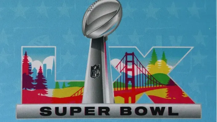 Logo oficial de la Super Bowl LIX de la NFL con el trofeo Vince Lombardi y el Golden Gate