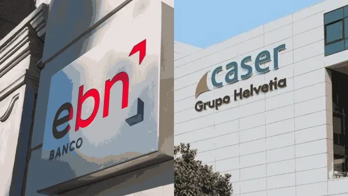 Logotipos de EBN Banco y la aseguradora Caser, del Grupo Helvetia, en las fachadas de sus oficinas.