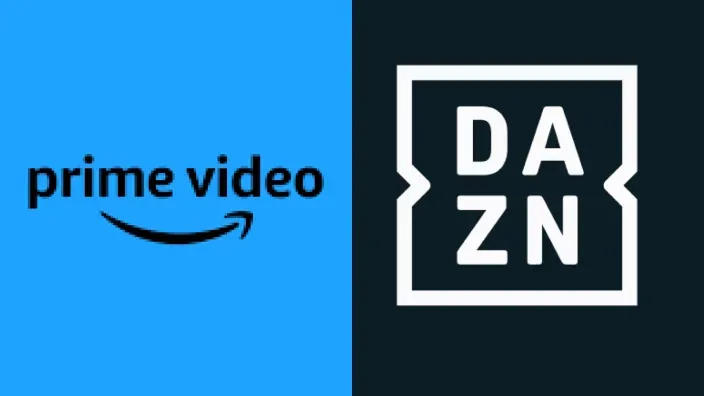 Logos de las plataformas de streaming Prime Video y DAZN, mostrando una posible alianza para retransmitir deportes.