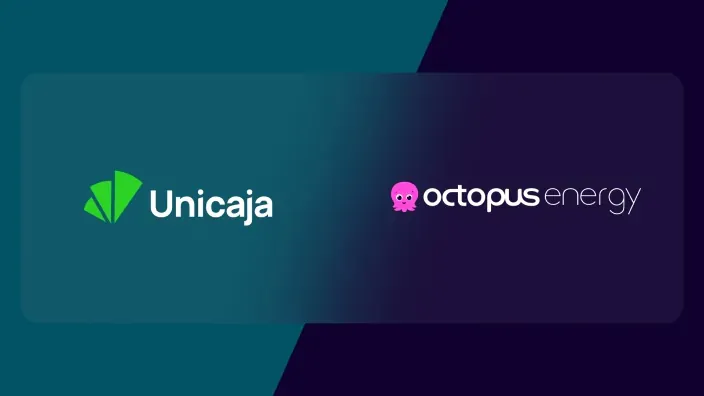 Imagen corporativa de la alianza entre Unicaja y la comercializadora de energía Octopus Energy, con los logos de ambas.