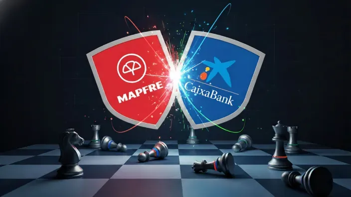 Escudos de la aseguradora MAPFRE y CaixaBank chocando en un tablero de ajedrez, simbolizando su batalla legal.