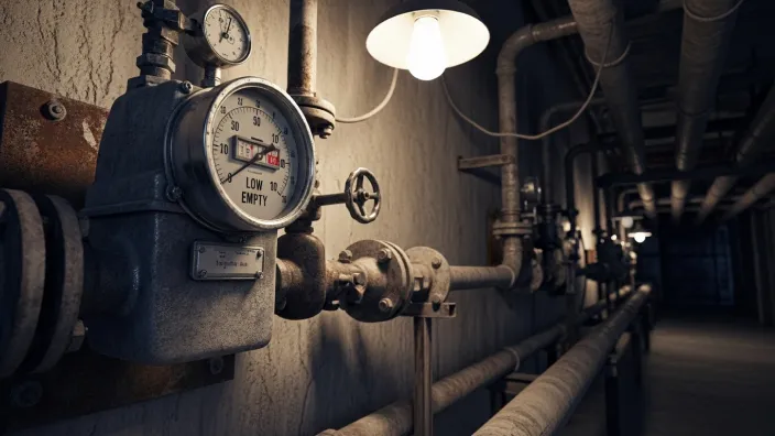 Medidor de gas industrial marcando nivel bajo en las tuberías de gas natural, con un indicador de presión en sistema energético.