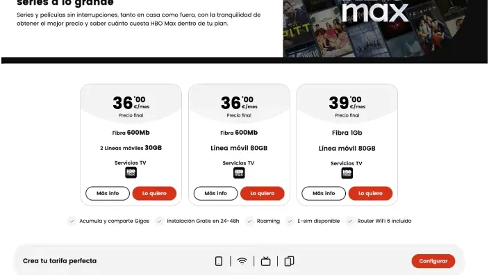 Web de Lowi con tarifas de fibra y móvil que incluyen HBO Max para ver películas y series en streaming desde casa.