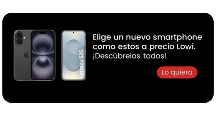 Banner de Lowi con su oferta de smartphones, mostrando un iPhone y un Samsung Galaxy S25 a precio Lowi. Botón de Lo quiero.