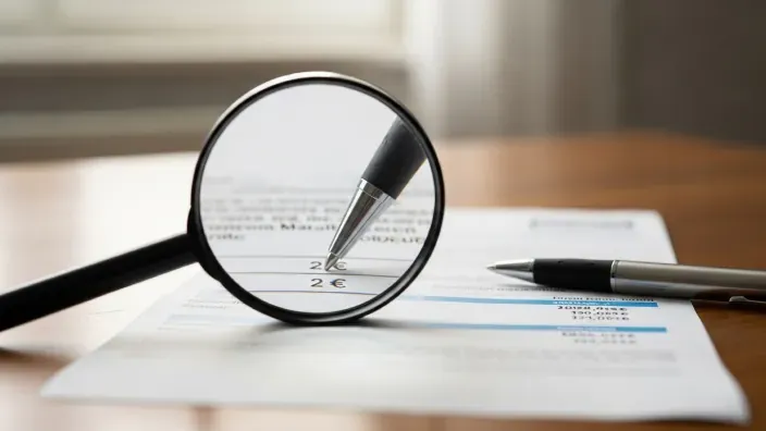 Lupa revisando los detalles de una factura o contrato.