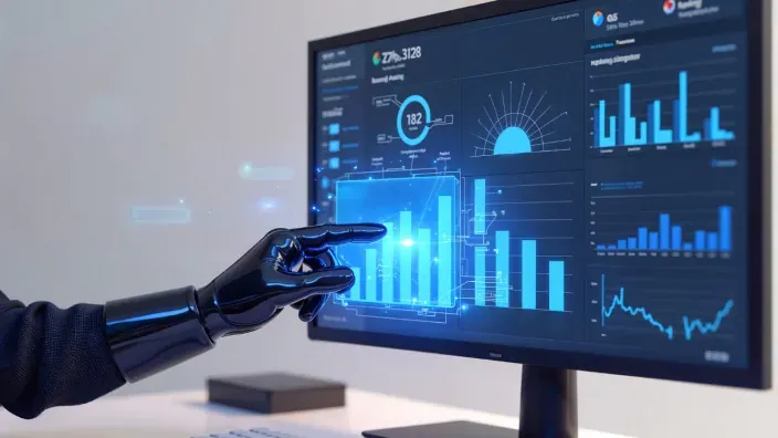 Mano robótica señalando gráficos y paneles de datos en una pantalla