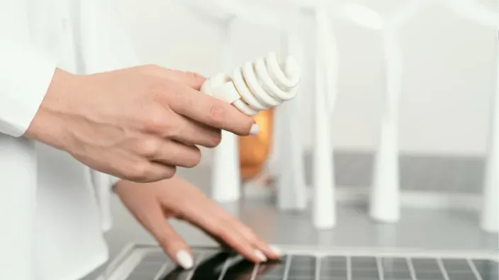 Mano de una persona sosteniendo una bombilla de bajo consumo frente a un fondo claro.