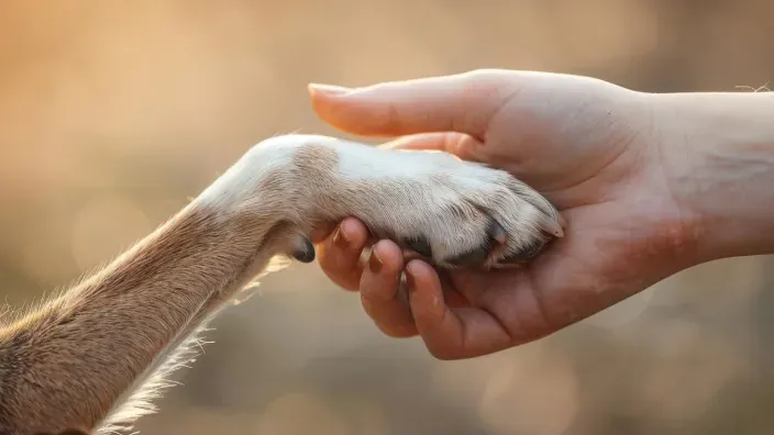 Mano sosteniendo la pata de un perro en primer plano