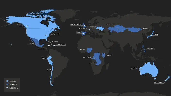 Mapa de cobertura global de Starlink mostrando países disponibles y zonas de próxima expansión.