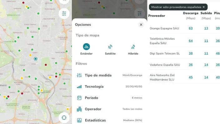 Mapa interactivo de la app de la CNMC con mediciones de velocidad y cobertura de operadores móviles.