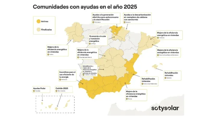 Mapa de España con ayudas autonómicas para energía y vivienda en 2025