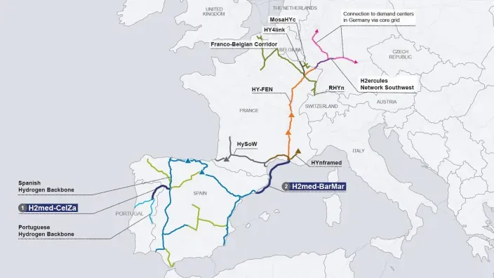 Mapa de Europa con el trazado del corredor europeo del hidrógeno H2Med