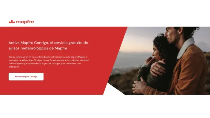 Banner de Mapfre Contigo promocionando el servicio de alertas meteorológicas por WhatsApp y notificaciones en el móvil.