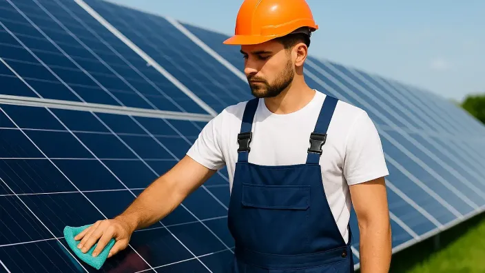 Técnico limpia paneles solares para mejorar eficiencia y producción en verano.