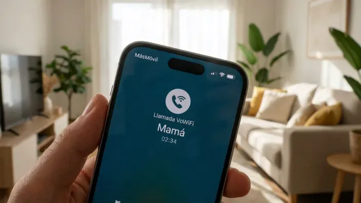 Móvil con llamada VoWiFi de MásMóvil para mostrar la cobertura de voz por WiFi en casa.