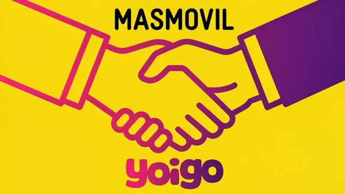 Apretón de manos entre MásMóvil y Yoigo sobre fondo amarillo como símbolo de su alianza comercial.