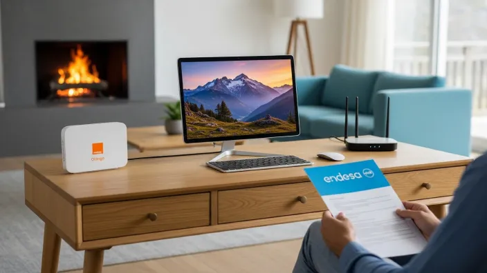 Persona con una factura de Endesa y un router de Orange en casa, mostrando la alianza entre ambas compañías.